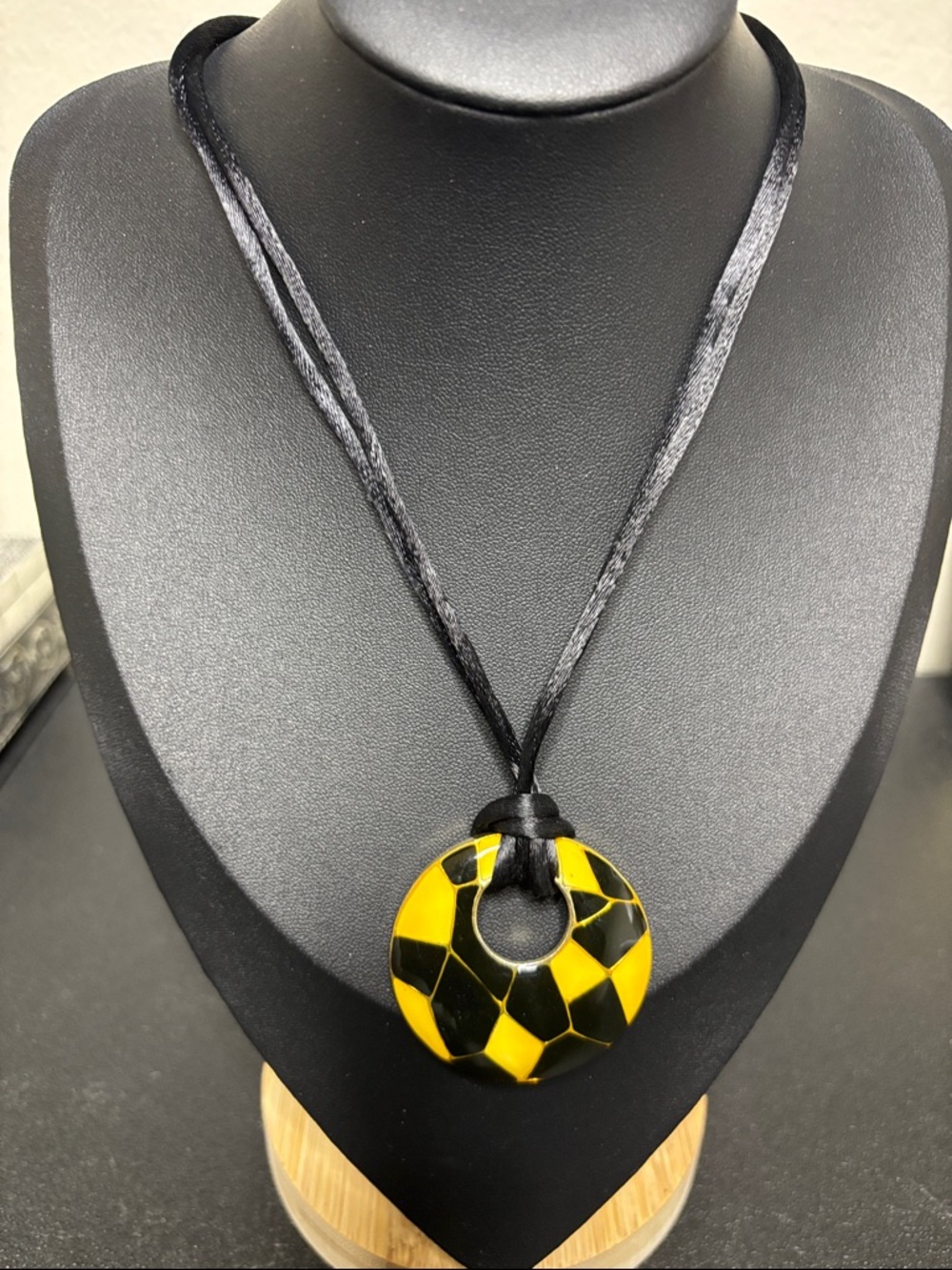 New Birch Hill Yellow Black Round Enamel Pendant Double Strand Necklace